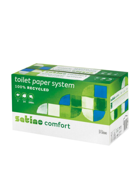 Satino Comfort –WC-järjestelmärullapaperi. Tuotelaatikon väri: vihreä. Pahvilaatikossa lukee 100 % kierrätettyä WC-paperia. Tuotenumero: 313590.