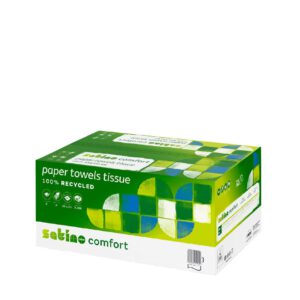 Satino by WEPA Comfort –käsipyyhepaperi. Tuotelaatikon väri: vihreä ja valkoinen. Pahvilaatikon kyljessä lukee 100 % kierrätettyä käsipyyhepaperia. Tuotenumero: 277190.