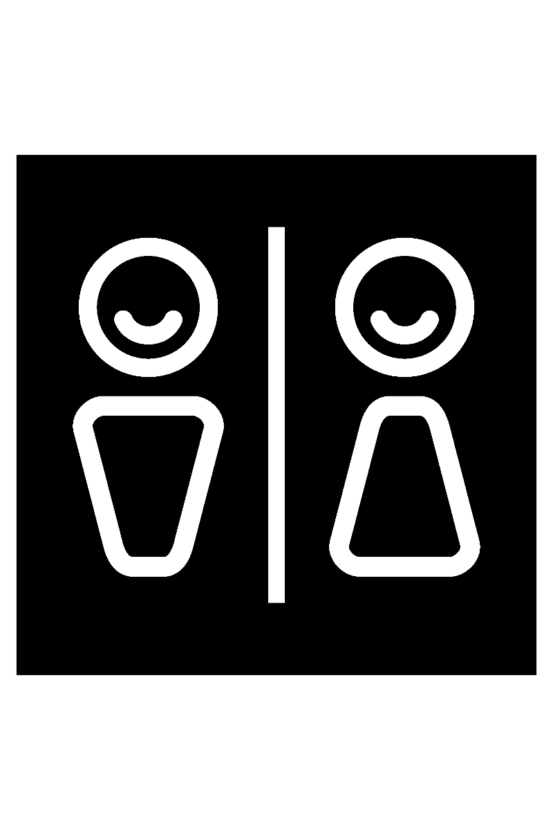 Novosan WC-opaste. Symbolikuvassa on on hymyilevät mies ja -naishahmot. Muoto: neliö. Väri: mustavalkoinen.