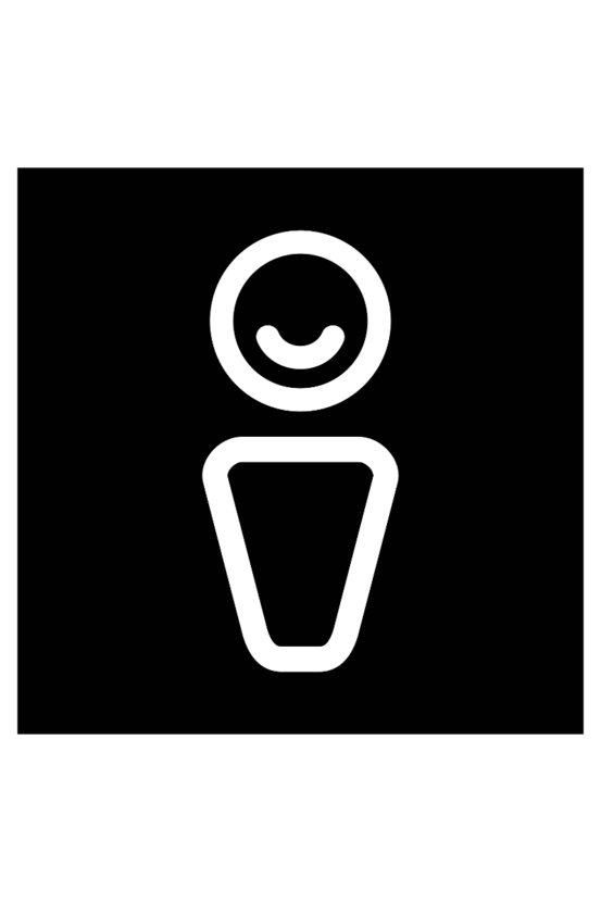 Mustavalkoinen opaste miesten vessaan. Mustan neliön keskellä on hymyilevä mieshahmo symboli.
