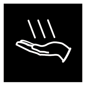 Mustavalkoinen käsienkuivaaja opaste. Neliön muotoisen kehyksen keskellä on käsi ja kolme mustaa vinoa viivaa.