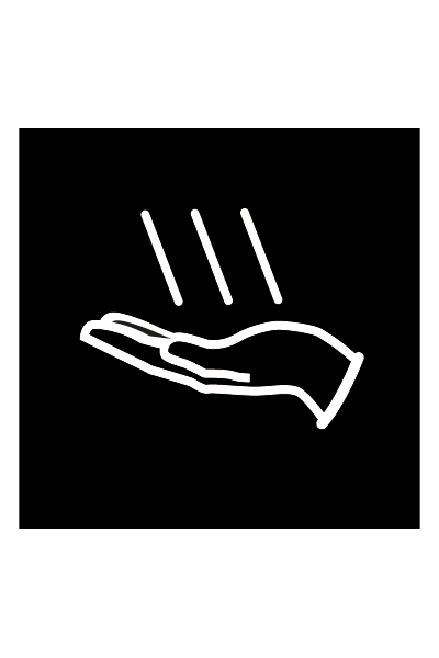 Mustavalkoinen käsienkuivaaja opaste. Neliön muotoisen kehyksen keskellä on käsi ja kolme mustaa vinoa viivaa.
