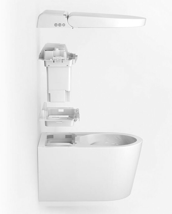Hygea äly-WC-istuimen komponentit. WC:n kansi, istuinrengas, elektroninen bidee, tekniikkayksikkö ja WC-kulho kuvattuna sivulta.