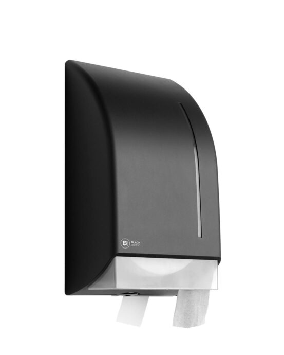 BlackSatino-jumborulla-WC-paperiannostelija. Annostelija kuvattuna viistosti edestä. Musta värivaihtoehto. Tuotenumero: 331960.