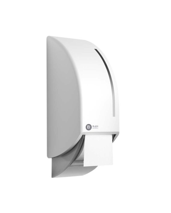 BlackSatino-WC-paperiannostelija järjestelmärullille. Annostelija kuvattuna viistosi sivulta. Valkoinen värivaihtoehto. Tuotenumero: 332740.