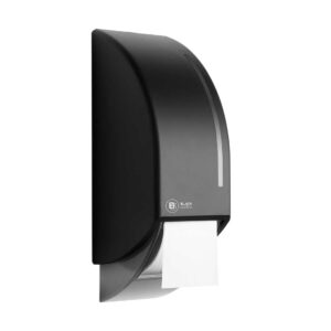BlackSatino-WC-paperiannostelija järjestelmärullille. Annostelija kuvattuna viistosti edestä. Musta värivaihtoehto. Tuotenumero: 331950.