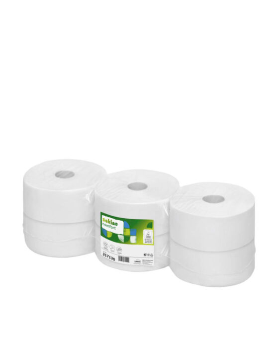 Satino by WEPA jumborulla-paketti. Kuusi suurta WC-paperirullaa kuvattuna viistosti ylhäältä. Väri: valkoinen. Tuotenumero: 317130.