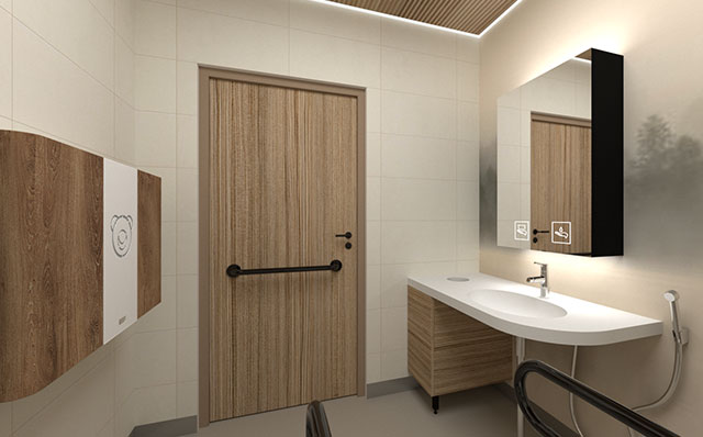 Novosan 3D-mallinnus. Esteetön WC-tila. WC:n ovessa on musta tukikahva. Seinällä on peilikaappi, jonka alle on sijoitettu hana ja valkoinen allastaso sekä bidee suihku. Vastakkaisella seinällä on seinäkiinnitteinen lastenhoitopöytä. 