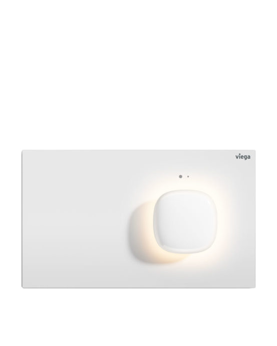 Visign for More 202 -huuhtelupainike LED-valolla. LED-valo on päällä. Väri: valkoinen. Muotoilu: suorakaide ja ulkoneva painike. Tuotenumero: 773458.