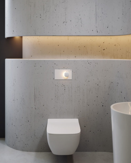 Kuvassa Viega-seinäasennusjärjestelmällä rakennettu valkoinen seinä-WC-istuin ja valkoinen huuhtelupainike, jossa Led-valo.