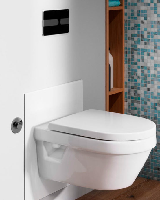 Kuvassa vaaleassa WC-tilassa korkeussäädettävä seinä-WC-istuin ja korkeussäätönappi sekä musta Viega Visign -huuhtelupainike.
