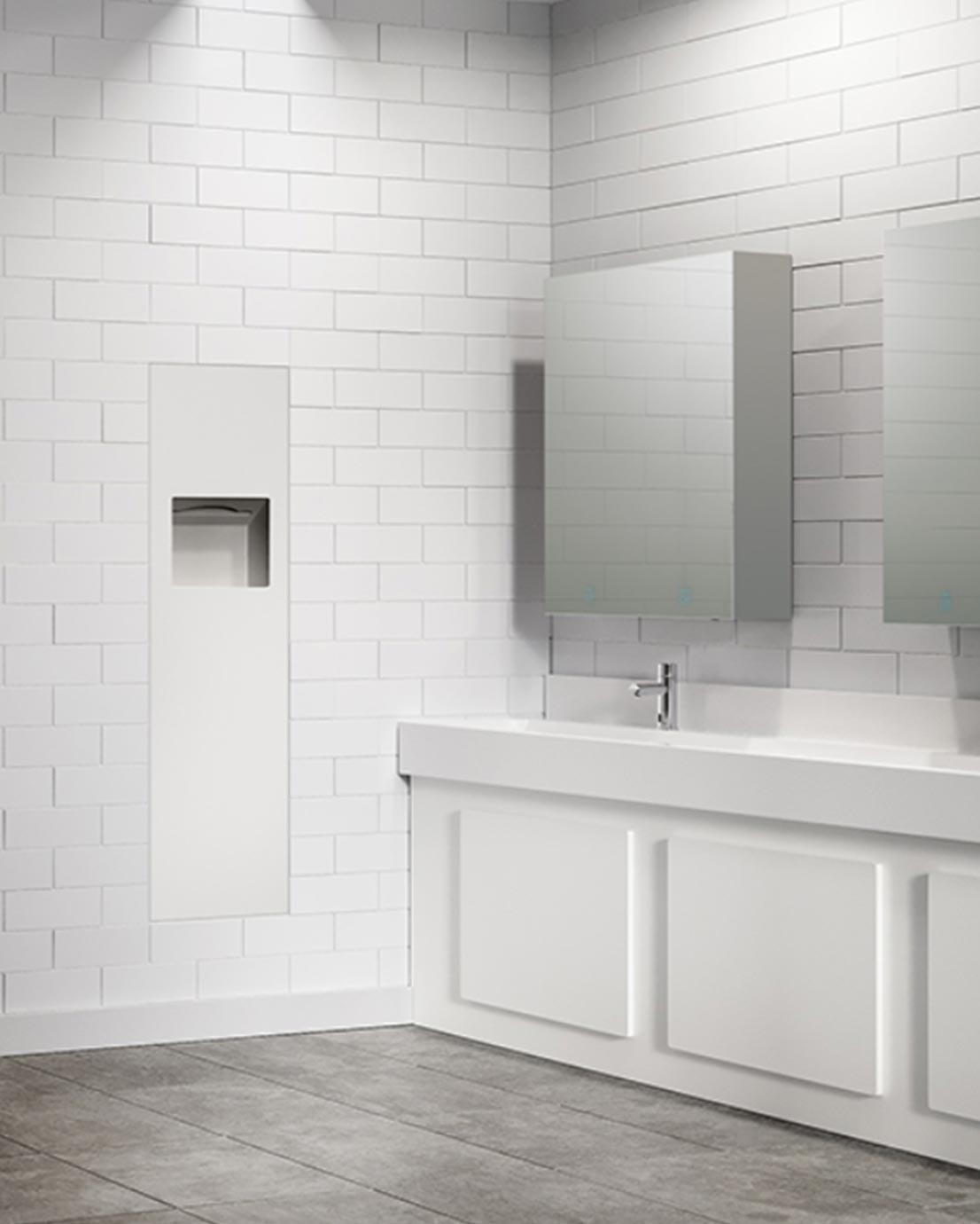 PIATTO™ seinään upotettava WC-kaluste, johon yhdistetty käsipaperiannostelija ja roska-astia. Etupaneelin väri valkoinen.