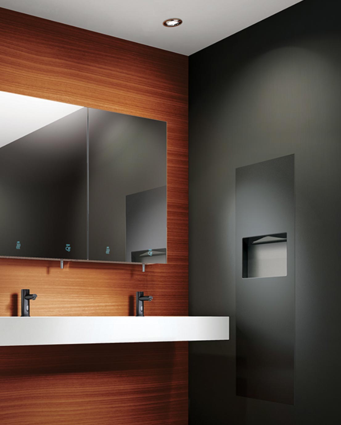 PIATTO™ seinään upotettava WC-kaluste, jossa käsipyyheannostelija ja roska-astia, etupaneelin väri musta.