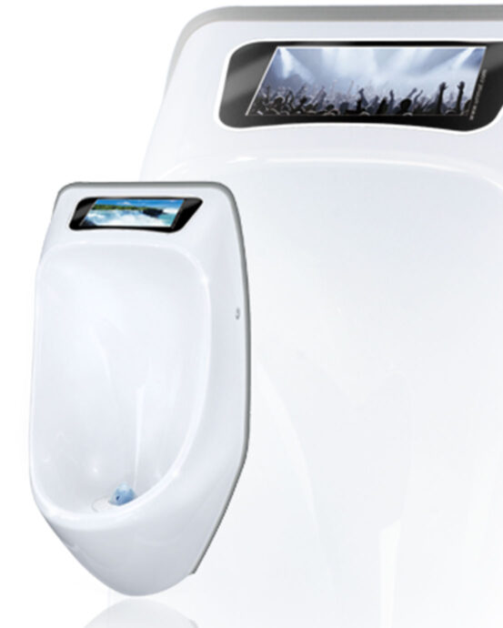 Vattenfria urinoaren Urimat EcoPlus med LCD-videodisplay, vit. Produktnummer 16981. Videomodellen av Urimat EcoPlus har en 6,5″ videodisplay i HD-kvalitet, som lätt kan användas som marknadsföringskanal eller för att visa underhållning för dina kunder.