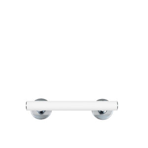 Rakt stödhandtag med kromade väggfästen. Modell: Novosan, Pito-Deluxe, INOX. Färg: RAL9016, vitt. Längder: 30, 40 cm.