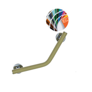 Stödhantag med 45° vinkel med kromade väggfästen. Modell: Novosan, Pito-Deluxe, INOX. Färg: RAL6013. Längd 25 x 25 cm.