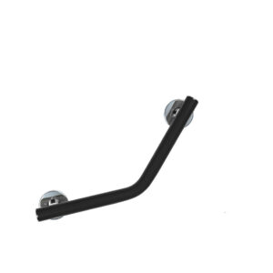 Stödhandtag med 45° vinkel och kromade väggfästen. Modell: Novosan, Pito-Deluxe, INOX. Färg: RAL9005, svart. Storlek 25 x 25 cm.