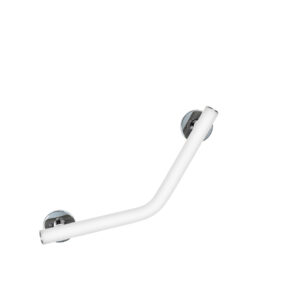 Stödhandtag med 45° vinkel och kromade väggfästen. Modell: Novosan, Pito-Deluxe, INOX. Färg: RAL9016, vitt. Storlek 25 x 25 cm.