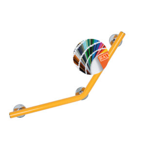 Stödhandtag vinklat i 45° på mitten. Kromade väggfästen. Modell: Novosan, Pito-Deluxe, INOX. Färg: RAL1017. Storlek: 40 x 40 cm.