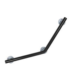 Stödhandtag med 45° vinkel och kromade väggfästen. Modell: Novosan, Pito-Deluxe, INOX. Färg: RAL9005 svart. Storlek 40 x 40 cm.