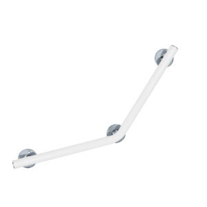 Stödhandtag i 45° vinkel med kromade väggfästen. Modell: Novosan, Pito-Deluxe, INOX. Färg: RAL9016, vitt. Storlek 40 x 40 cm.