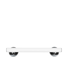 Rakt, vitt stödhandtag med kromade väggfästen. Modell: Novosan, Pito-Deluxe, INOX. Färg: RAL9016, vitt. Längder: 50, 60, 80 cm.