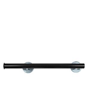 Rakt stödhandtag i svart med kromade väggfästen. Modell: Novosan, Pito-Deluxe, INOX. Färg: RAL9005, svart. Längder: 53, 63 cm.