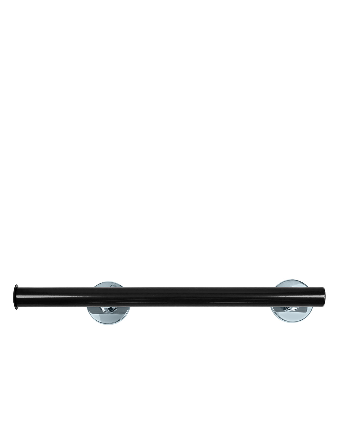 Rakt stödhandtag i svart med kromade väggfästen. Modell: Novosan, Pito-Deluxe, INOX. Färg: RAL9005, svart. Längder: 53, 63 cm.