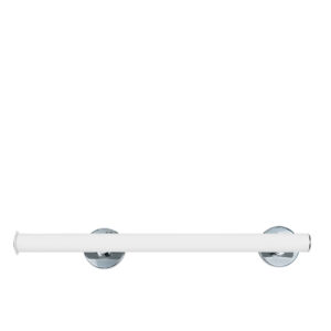 Rakt stödhandtag i vitt med kromade väggfästen. Modell: Novosan, Pito-Deluxe, INOX. Färg: RAL9016 vitt. Längder 53, 63 cm.