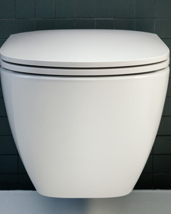 Närbild på toalettstol Laufen Lua med toalettlock. Produktnummer:  H8200804000001, H8200834000001, H8910830180001. Färg: vit..