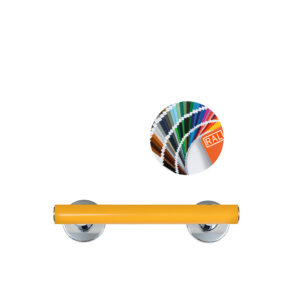 Rakt stödhandtag med kromade väggfästen. Modell: Novosan, Pito-Deluxe, INOX. Färg: RAL1017. Längder: 30, 40 cm.