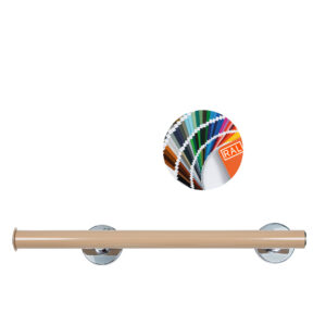 Rakt stödhandtag med kromade väggfästen. Modell: Novosan, Pito-Deluxe, INOX. Färg: RAL9005, svart. Längder: 53, 63 cm.