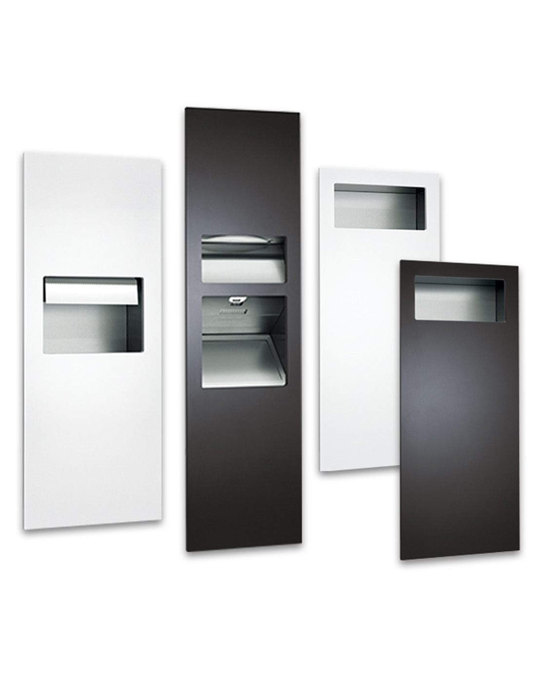 Seinän sisään upotettavat Piatto Collection WC-kalusteet. Kuvassa erilaisia WC-kalusteita, jotka sisältävät joko käsipaperiannostelijan ja roska-astian tai käsienkuivaajan.