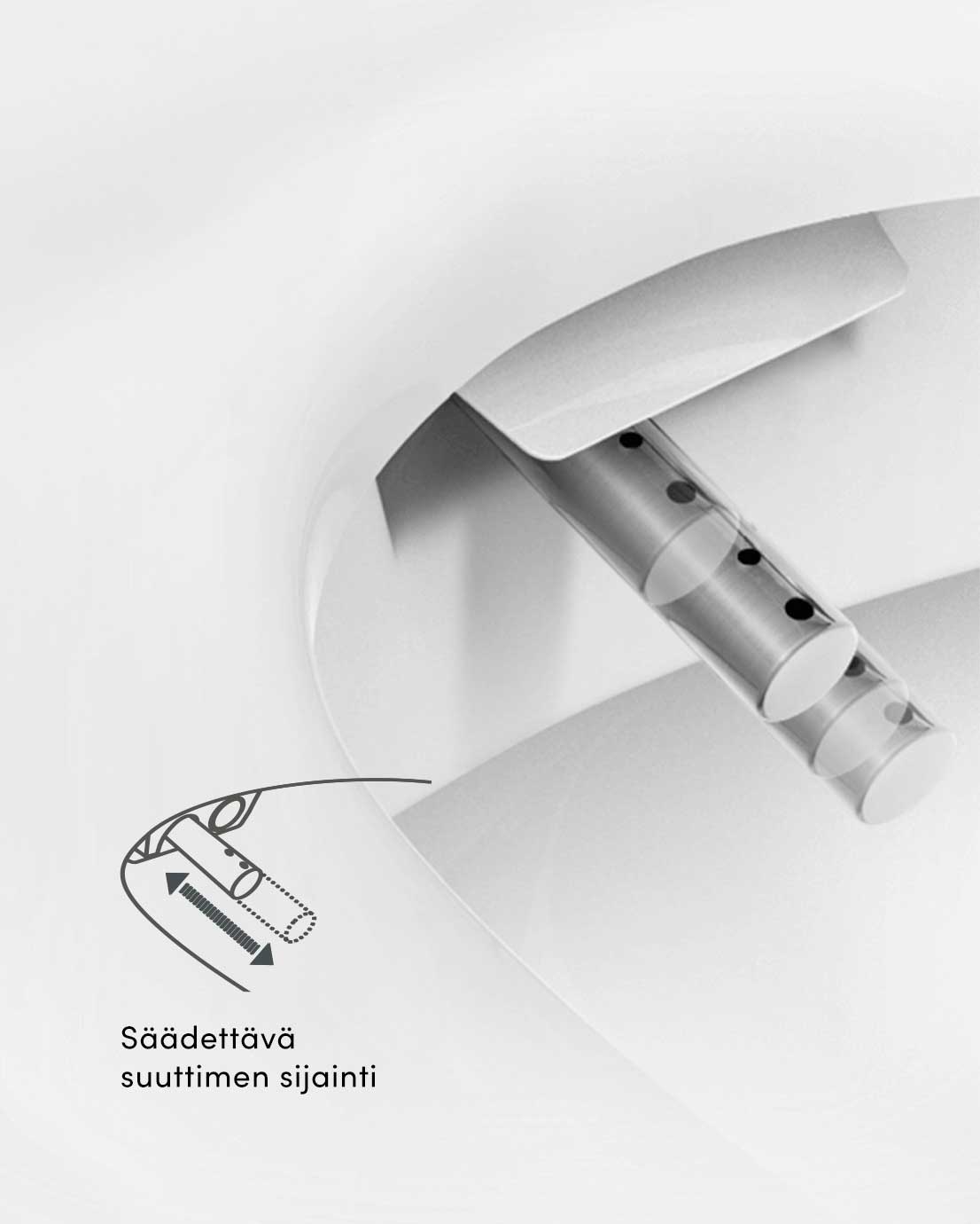 Novosan Hygea äly-WC-istuin – kuivaava ja pesevä WC-istuin toiminto. Teksti: säädettävä suuttimen sijainti.