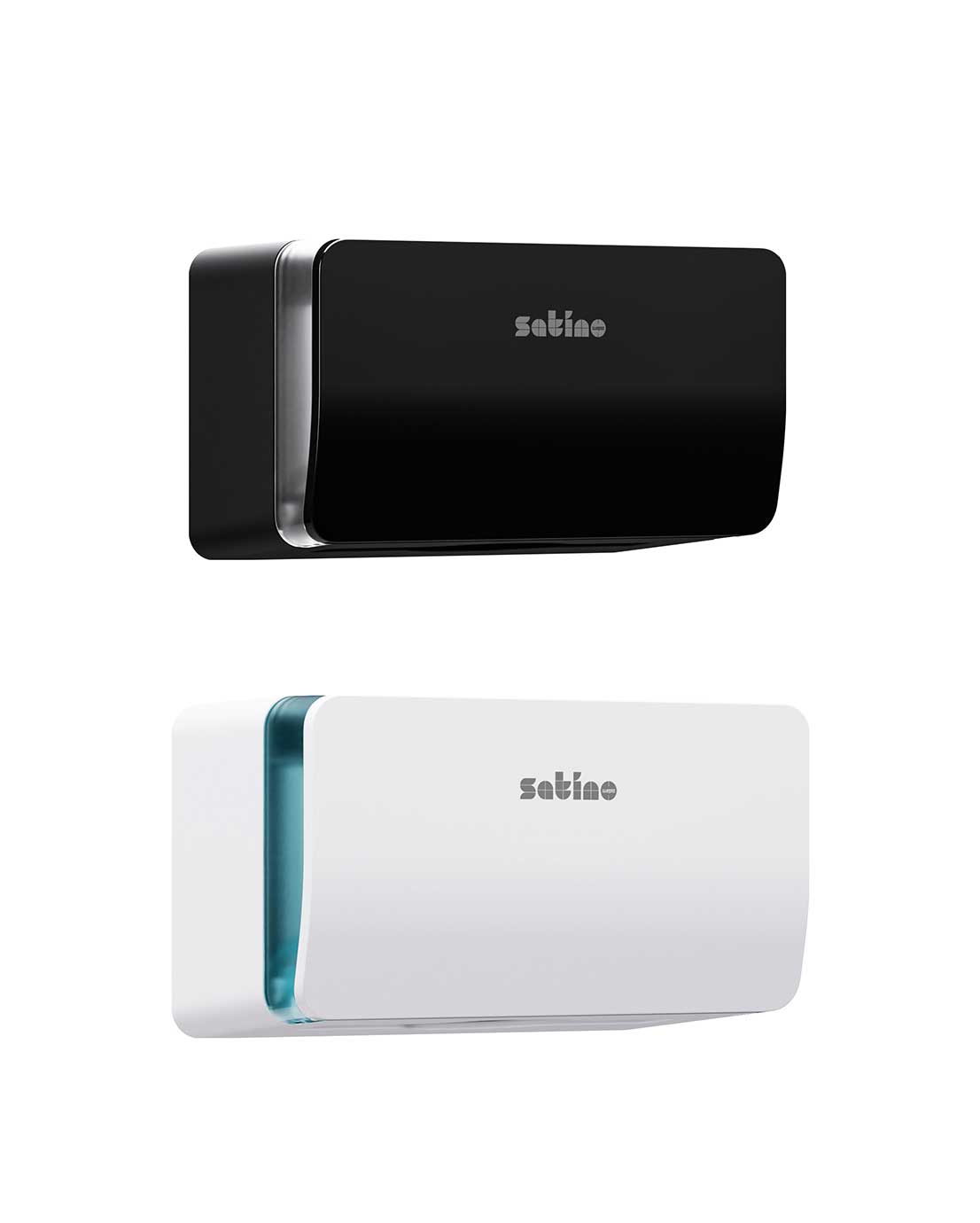 Sivusta kuvatut Novosan HYGINITY-käsipyyhepaperiannostelijat, XS. Värit: musta ja valkoinen. Tuotenumero: 333428, 333429.