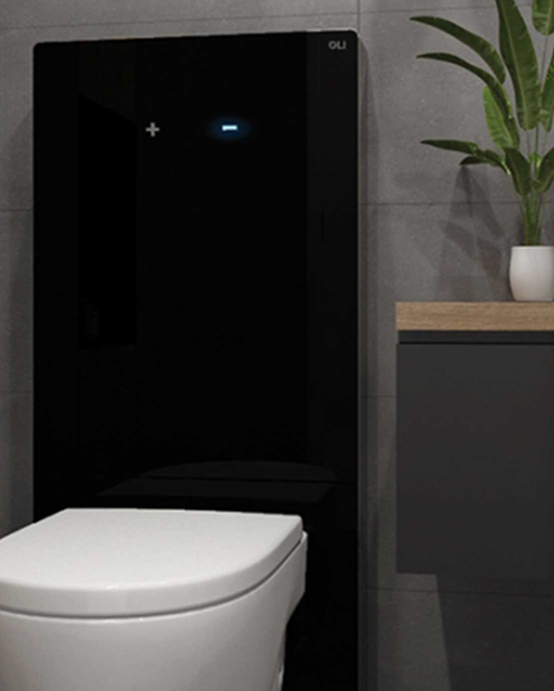 Novosan OLI QR-INOX asennusmoduuli ja piilosäiliö lattiamalliselle äly-WC:lle modernissa WC-tilassa