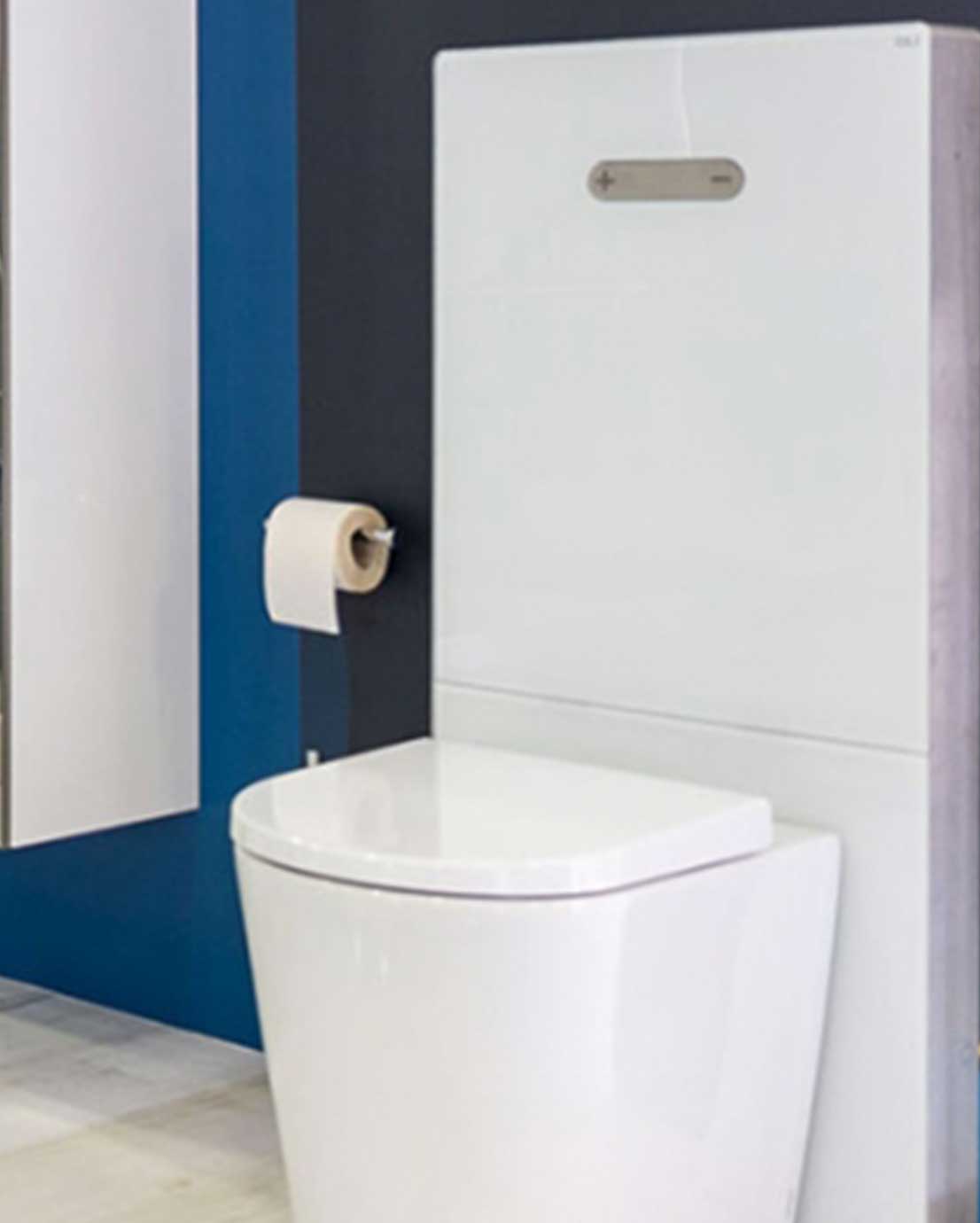 Novosan OLI QR-INOX asennusmoduuli ja piilosäiliö lattiamalliselle Hygea Genesis Terra äly-WC:lle, asennettu WC-tilaan